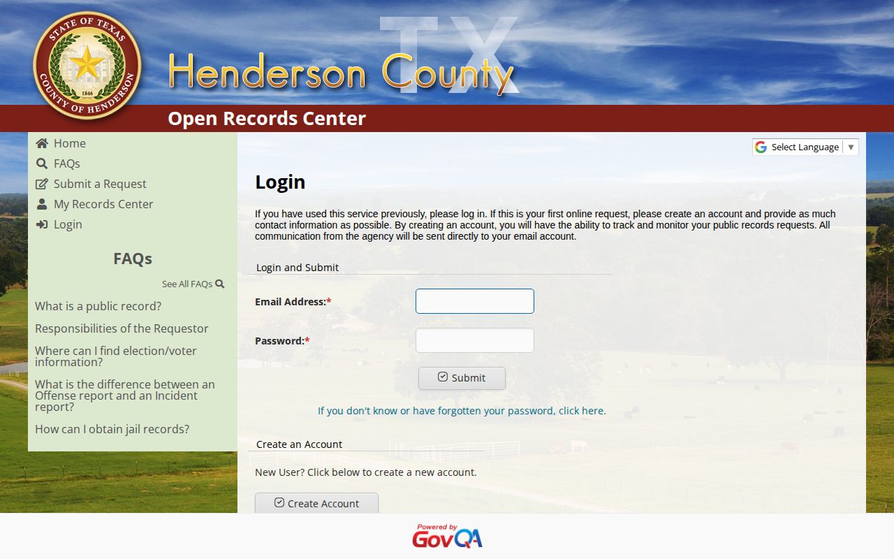 Henderson County open-records request selection screen